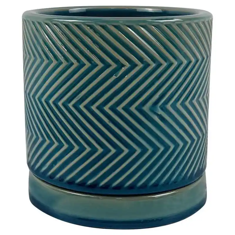 6‑inch Blue Ceramic Cross‑pattern Planter With Saucer