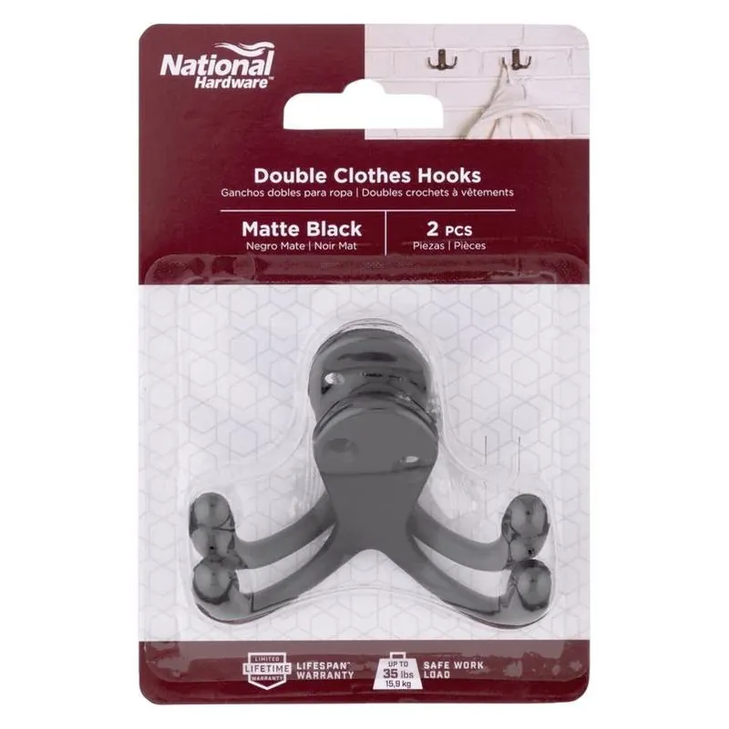 Heavy‑duty Matte Black Double Cloth Hook – 35 lb Capacity, Surface‑mount