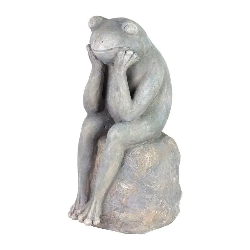 Gray Fiberglass Frog On Stone Garden Statue – 15.5‑inch Outdoor Décor