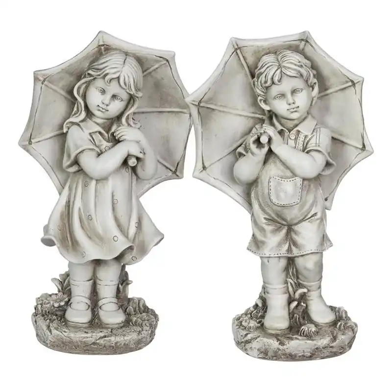 18.7" Stone‑finish Resin Garden Statue – Boy & Girl Sharing Umbrella (solar Powered)