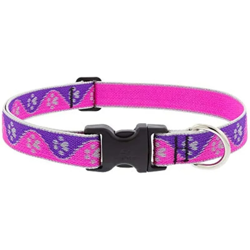 Adjustable Medium Dog Collar, Reflective Pink Paws Pattern, 1 X 12 - 20-in.