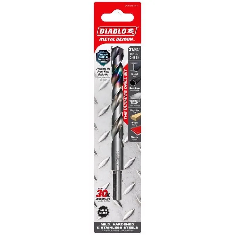 Metal Demon 31/64 In. Stainless Steel Drill Bit – 3‑flat Shank, 6 In. Length (1‑piece)