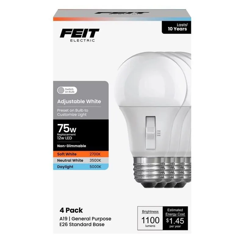 Feit Adjustable White A19 Led Bulb – 12w (75w Equivalent) Pack Of 4