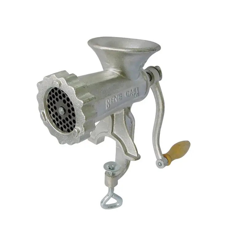 Gray Manual Meat Grinder 8 With Wooden Handle And Built-in Clamp