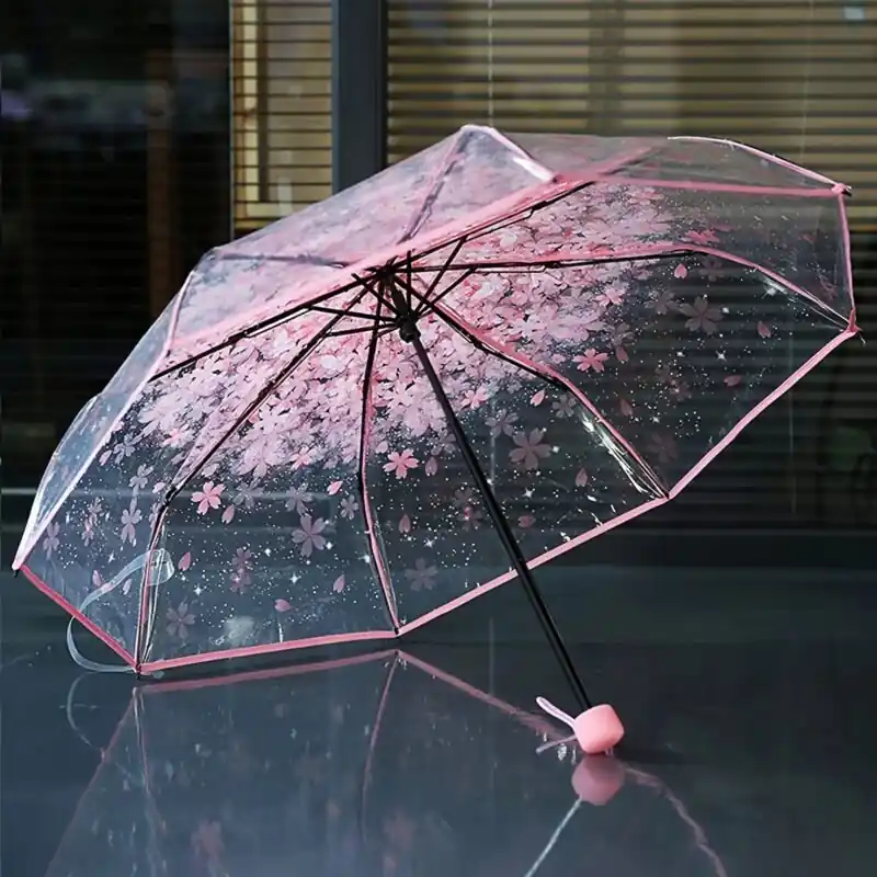 Foldable Clear Sun Umbrella Windproof Portable Romantic Flower Pattern