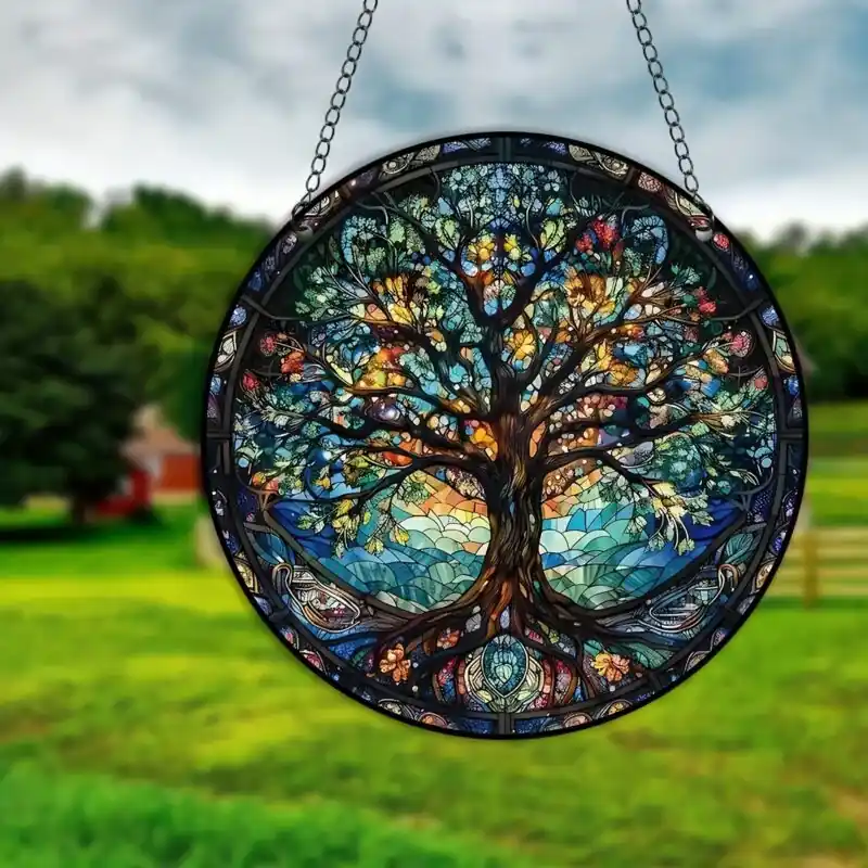 Vibrant Tree Of Life Stained Glass Suncatcher Window Hanging Decor
