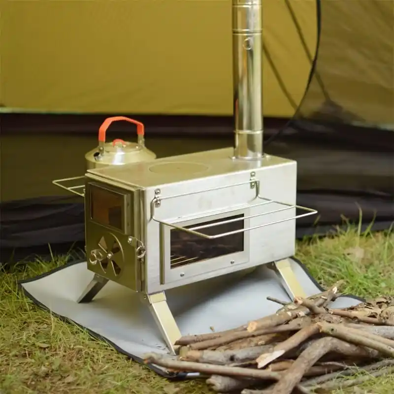 Portable Wood Burning Camping Tent Stove With Chimney Outdoor Heating Cooking