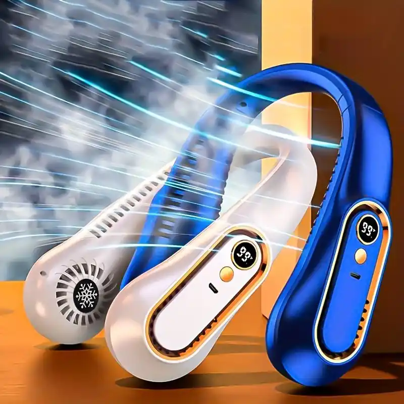 Rechargeable 5speed Bladeless Neck Fan With Led Display Outdoor Comfort