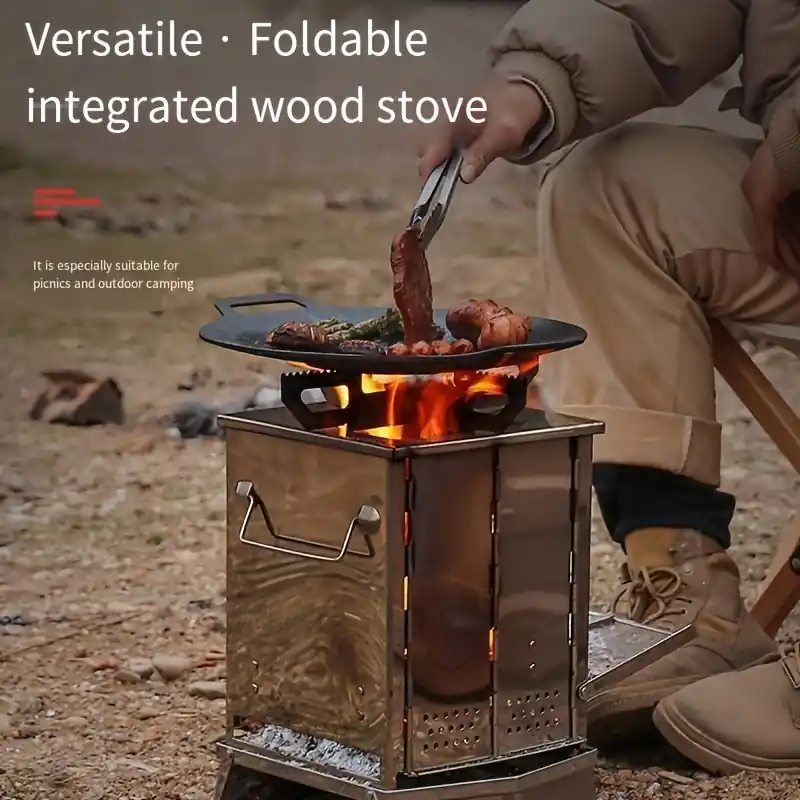 Compact Stainless Steel Folding Wood Stove Portable Outdoor Camping Bbq Cooker