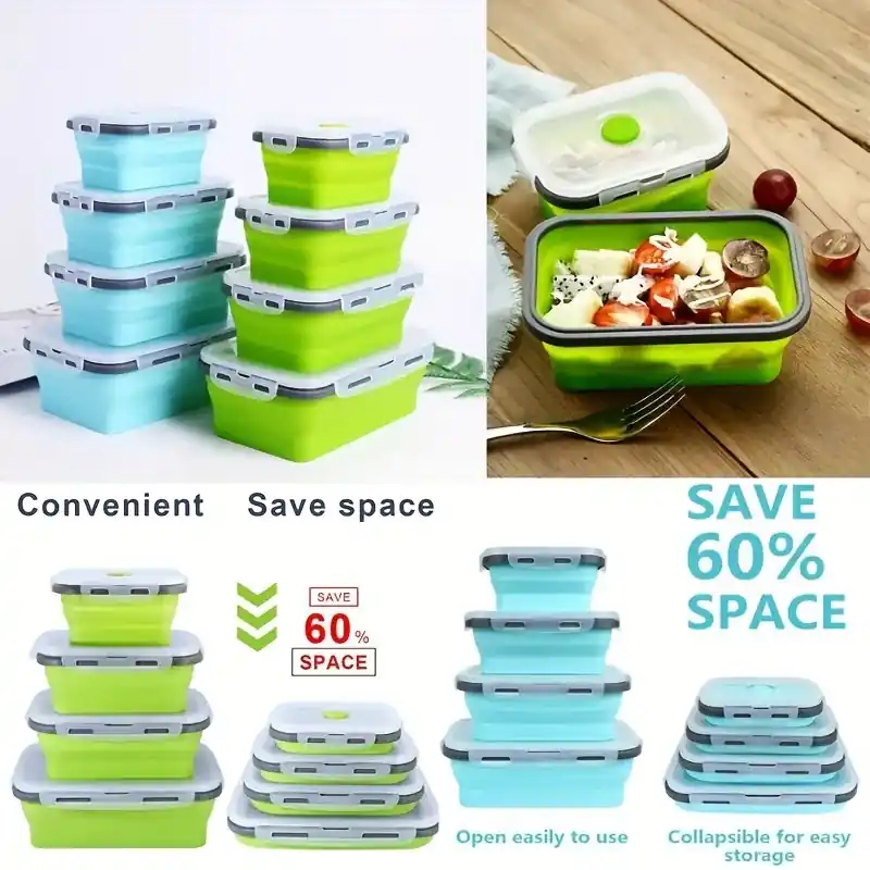 4pcs Collapsible Silicone Food Containers Microwave Safe Bpafree Spacesaving Storage
