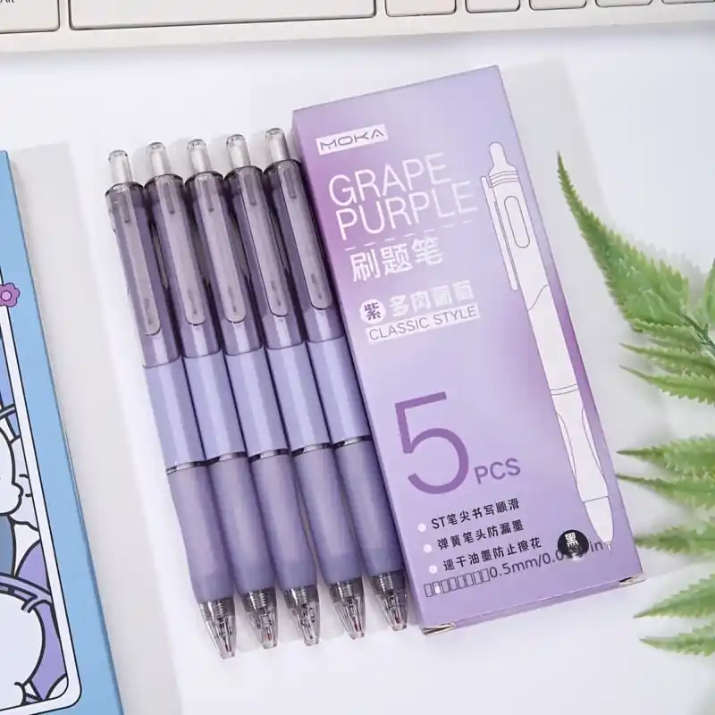 5piece Purple Gel Pen Set Comfortable Retractable Black Ink Smooth Writing