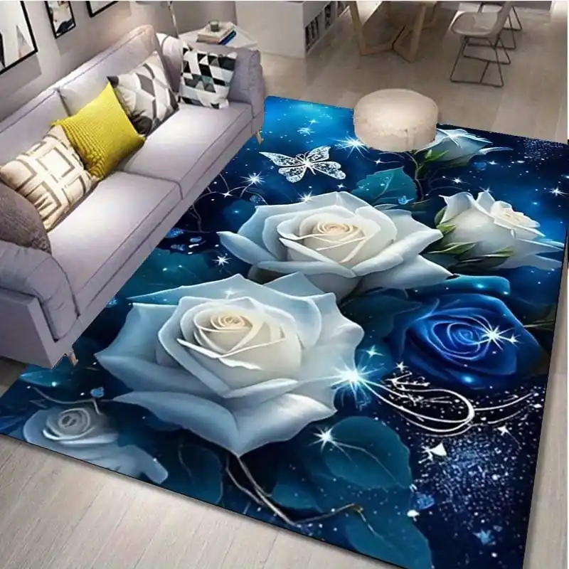 Luxurious 3d Blue White Rose Velvet Rug Nonslip 800gm2