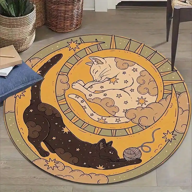 Charming Cat Print Velvet Round Rug Antislip Home Decor Essential