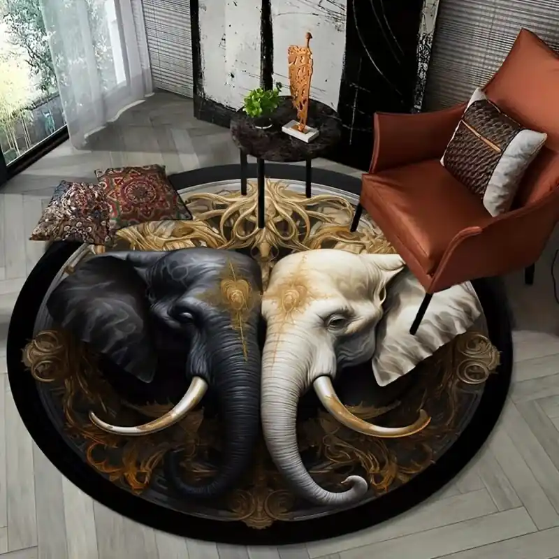 Luxurious Gold Mandala Elephant Round Rug Plush 800gm2 Mat