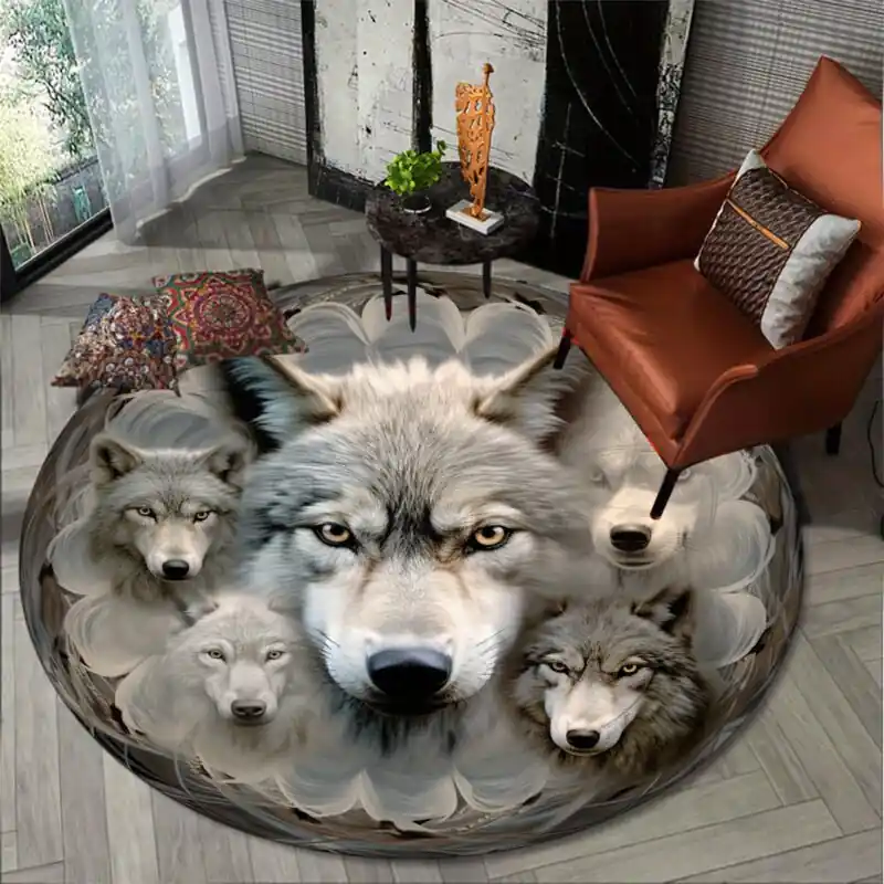 800gm2 Majestic Wolf Crystal Velvet Round Rug Nonslip Floor Mat
