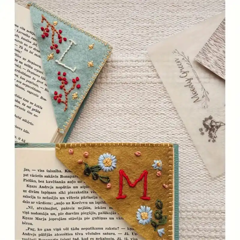 Hand Embroidered Flower Artisan Felt Triangle Page Marker
