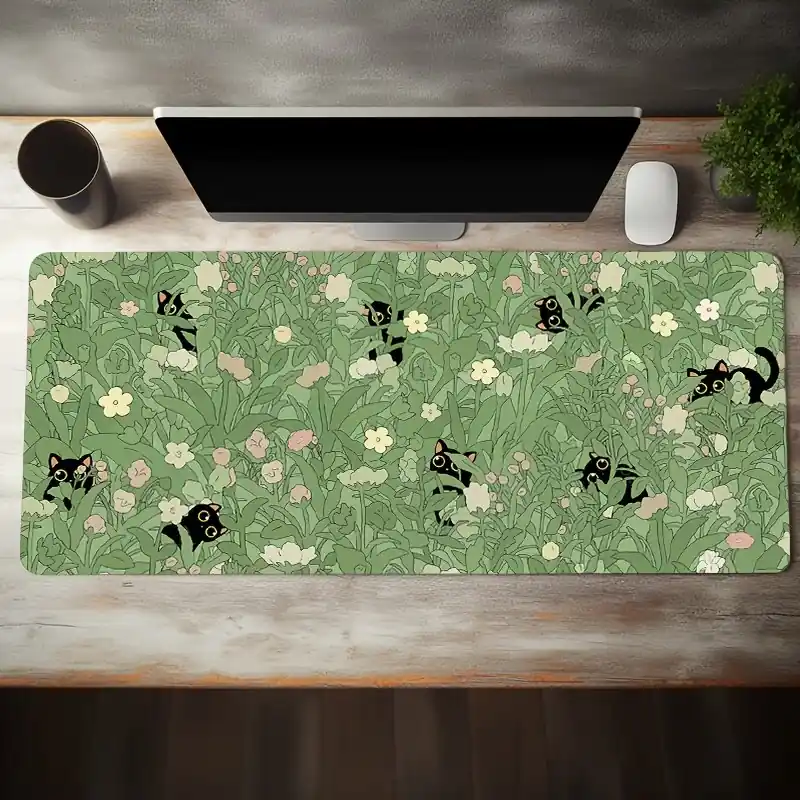 Extra Large Green Mouse Pad Cute Cat Plant Design Nonslip Mat