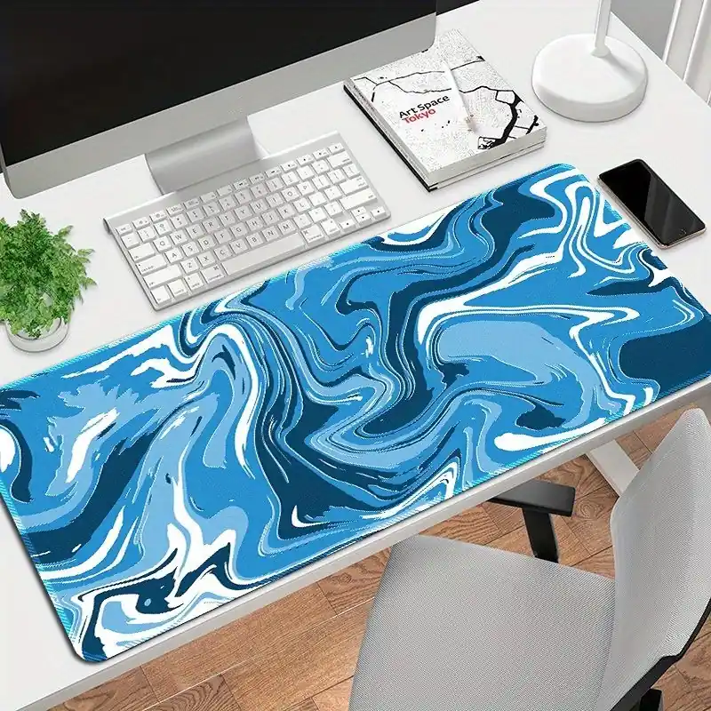 Large Blue Topographic Waves Gaming Mousepad Nonslip Stitched Edge