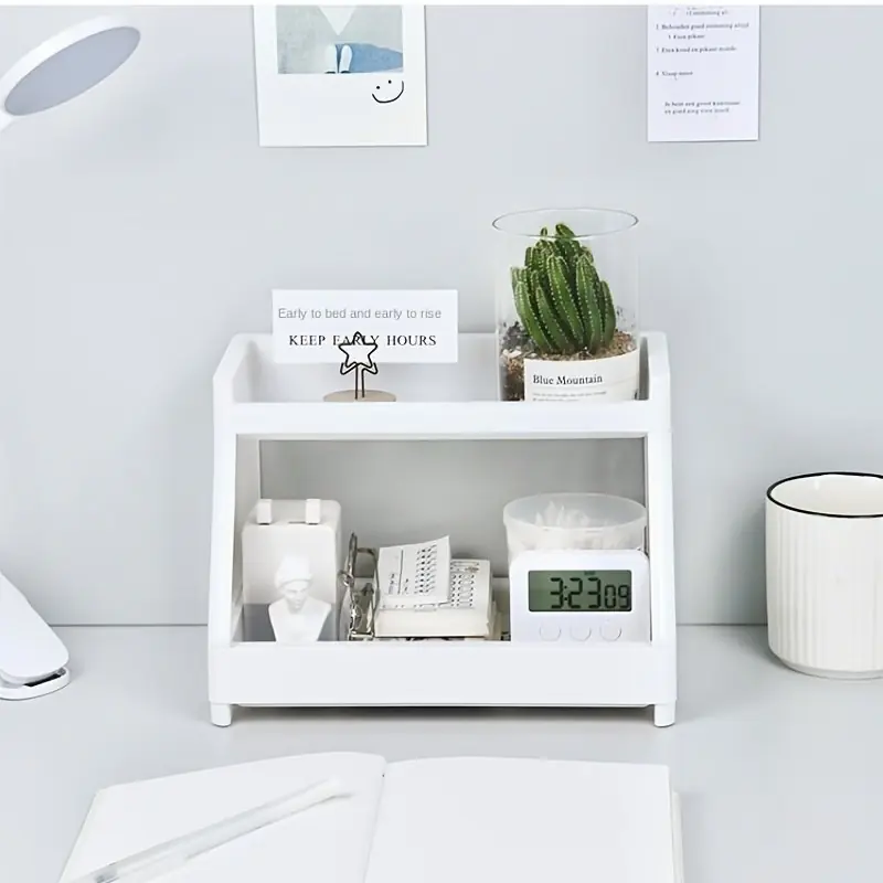 Sleek White Doublelayer Desktop Organizer Compact Sturdy Home Office Storage