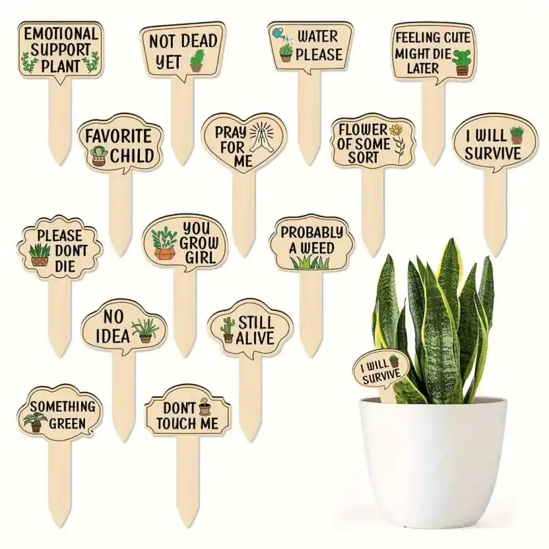 15pcs Humorous Waterproof Wooden Plant Markers Durable Garden Stakes Decor