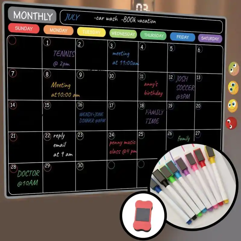Large Wet Erase Magnetic Monthly Planner For Fridge Glossy Whiteblack