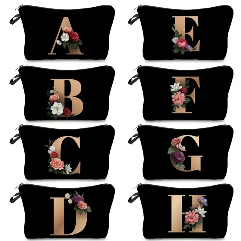 Floral Letter Print Zipper Makeup Bag Portable Lightweight Womens Gift