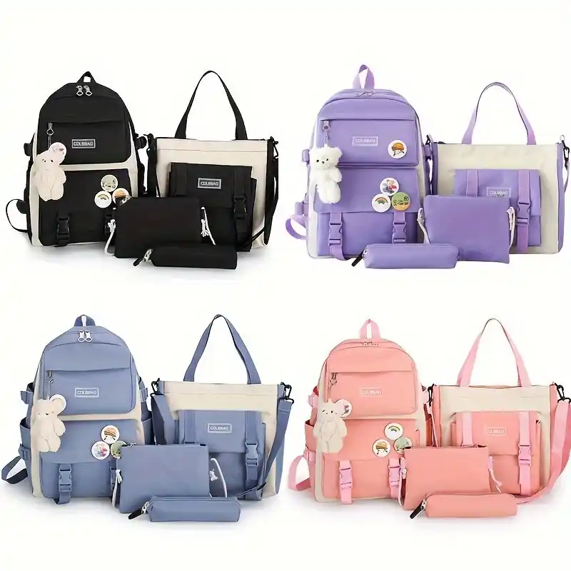 4pcs Casual Canvas Backpack Set Large Capacity School Travel Bag