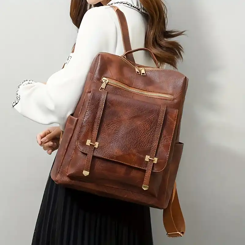 Vintage Womens Functional Flap Backpack Retro Zipper Daypack For School Travel