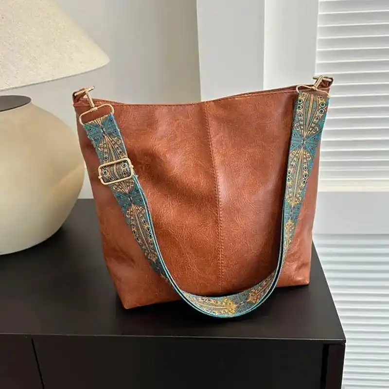Retro Wide Geometric Strap Pu Leather Shoulder Bag Large Capacity