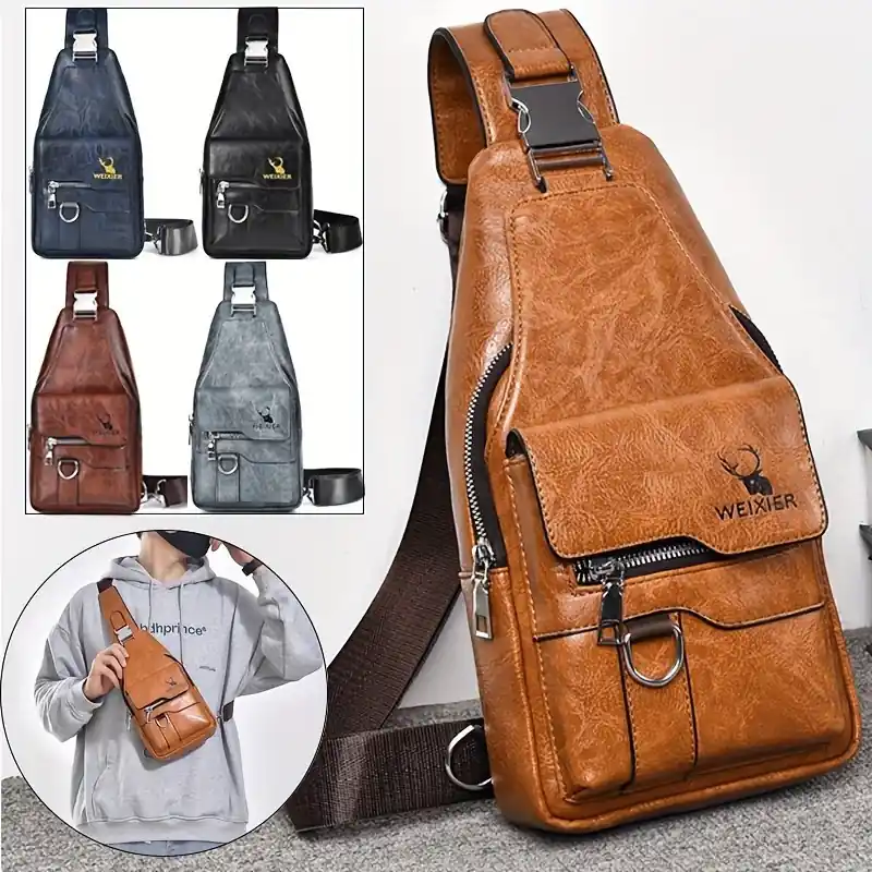Mens Waterproof Pu Leather Retro Messenger Chest Bag Large Capacity