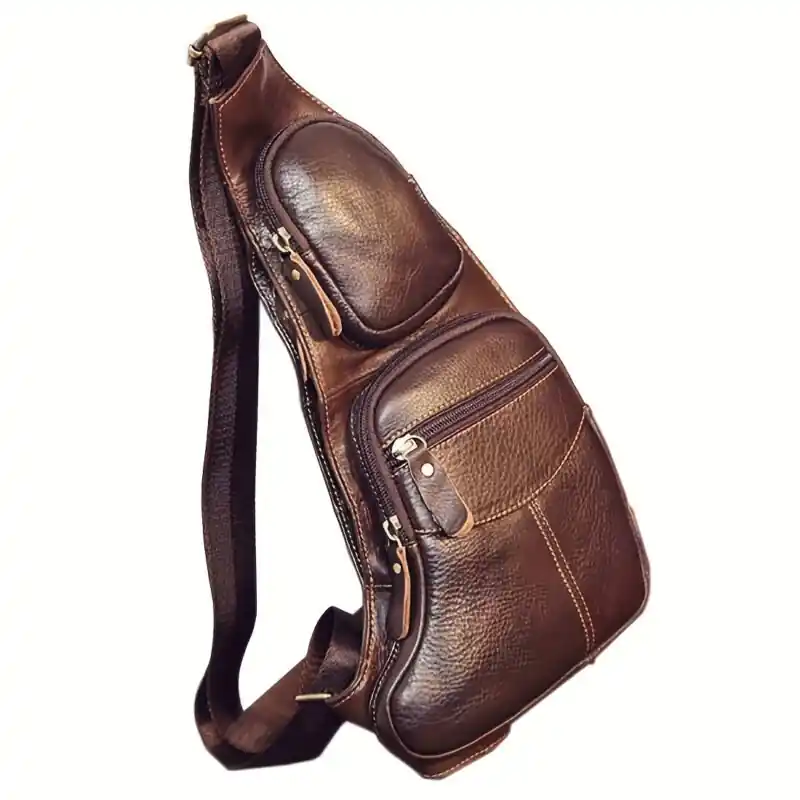 Vintage Leather Crossbody Chest Bag With Adjustable Strap Unisex Sling Bag