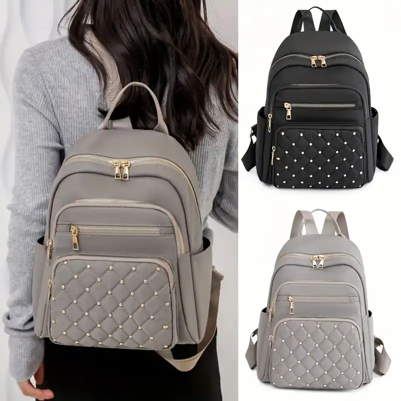 Stylish Quilted Womens Travel Backpack With Rivet Decor And Zipper