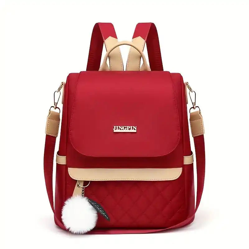 Womens Quilted Nylon Backpack Purse With Pompom Travel Casual Bag