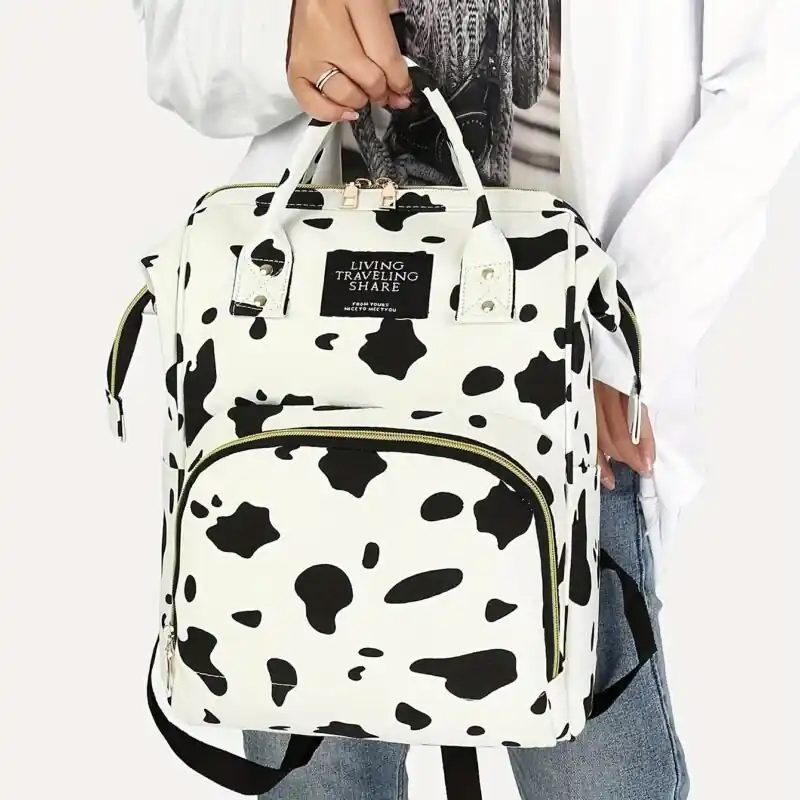 Chic Cow Print Backpack Trendy Zipper Rucksack Womens Travel Diaper Bag