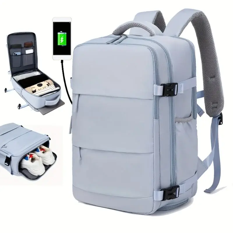 Large Dacron Travel Backpack Shoe Compartment Laptop Sleeve Charging Port