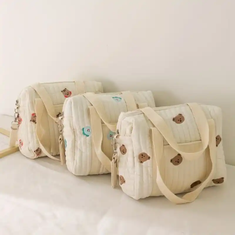Beige Embroidery Diaper Bag Large Multifunctional Baby Travel Organizer