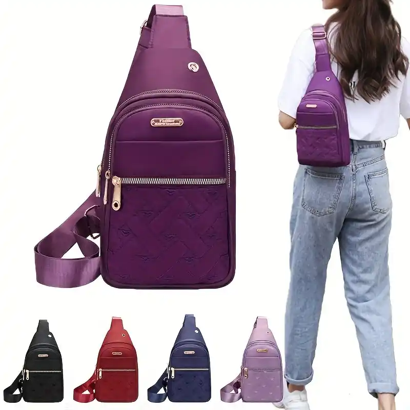 Heart Pattern Quilted Nylon Crossbody Bag Fashionable Travel Chest Bag