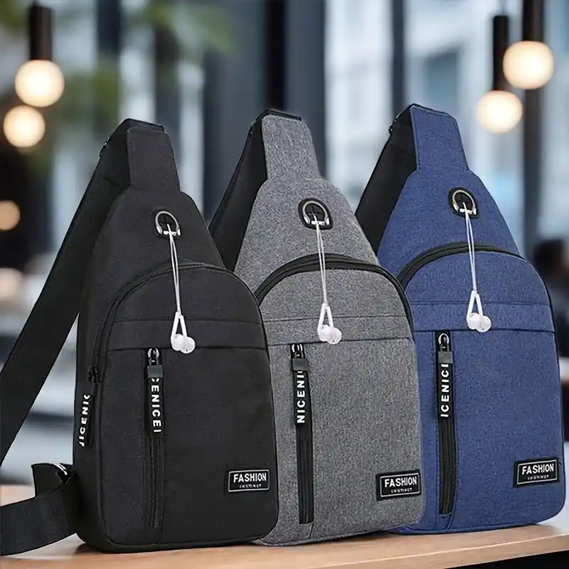 Unisex Canvas Chest Bag With Earphone Hole Trendy Outdoor Crossbody