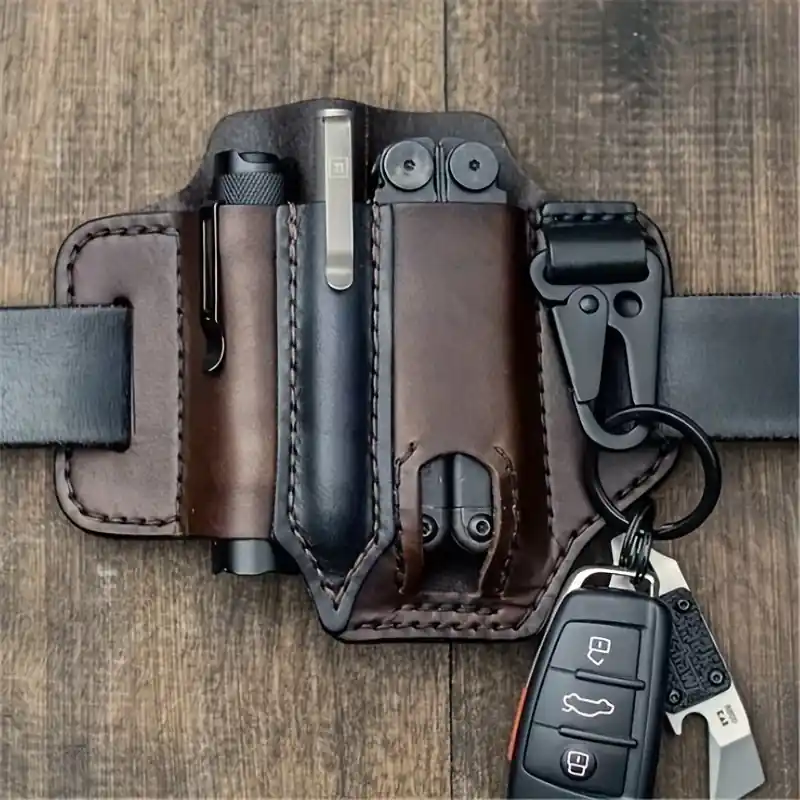 Leather Edc Multitool Sheath With Pen Holder And Key Fob