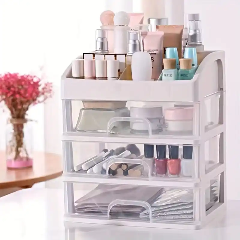 Large White Desktop Organizer With Transparent Drawers For Cosmetics And Jewelry