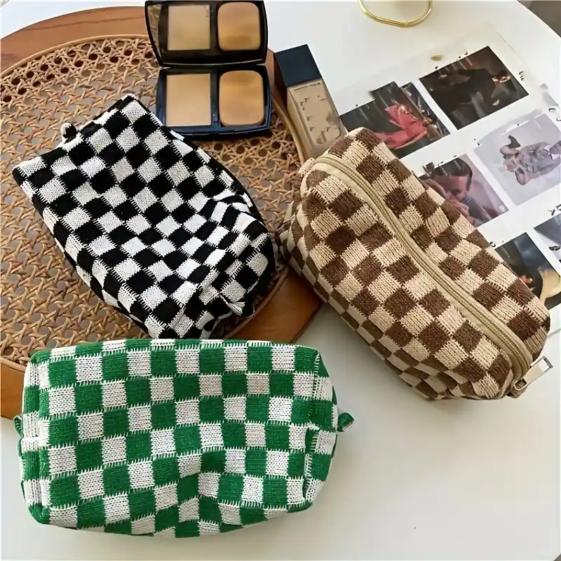 Checkered Knitted Cosmetic Bag Roomy Travel Makeup Toiletry Organizer