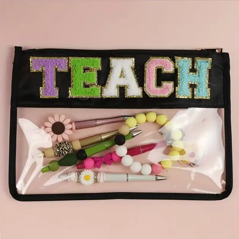 Custom Teachers Day Pvc Zipper Pouch With Embroidered Letter Patch
