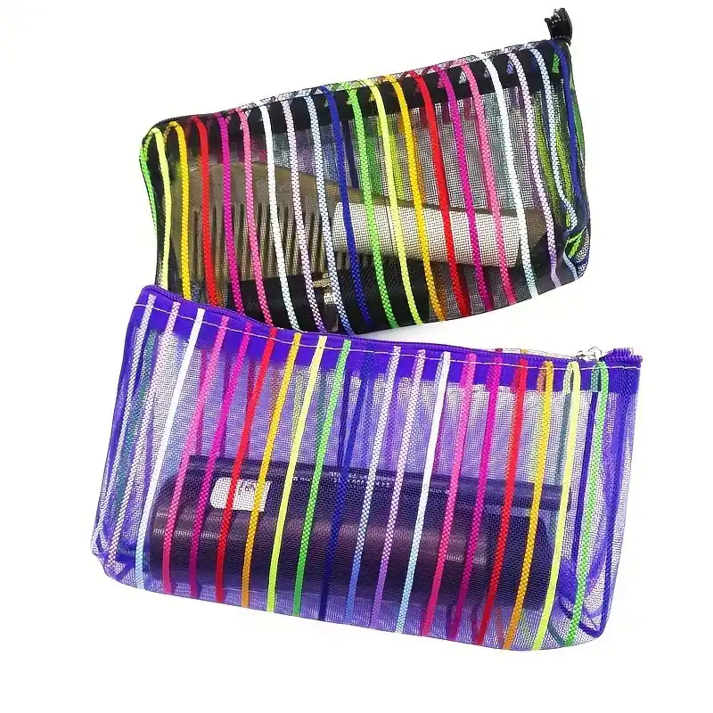 Vibrant Striped Mesh Makeup Bag Travel Office Organizer Zippered
