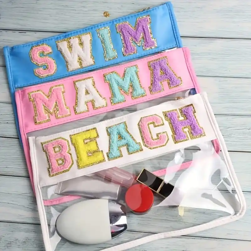 Clear Waterproof Pvc Toiletry Bag Chenille Letter Makeup Organizer