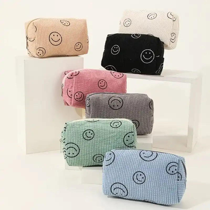 Cute Corduroy Makeup Bag Roomy Zippered Cosmetic Travel Tote For Women
