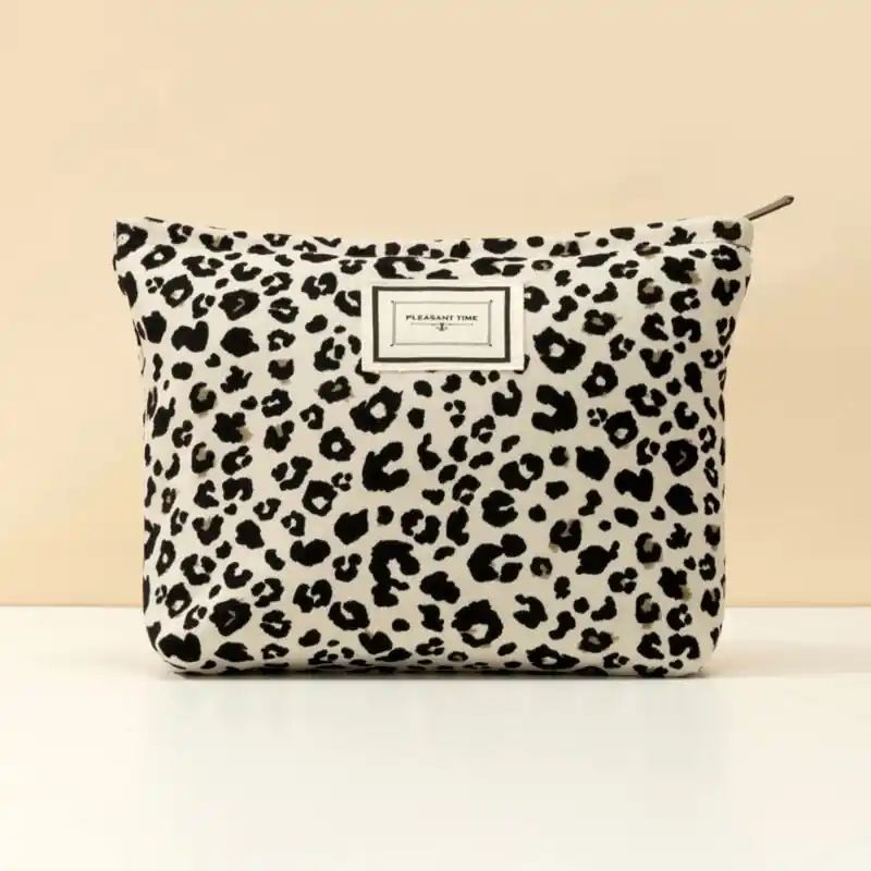 Chic Leopard Print Makeup Bag Spacious Creamy White Cosmetic Organizer