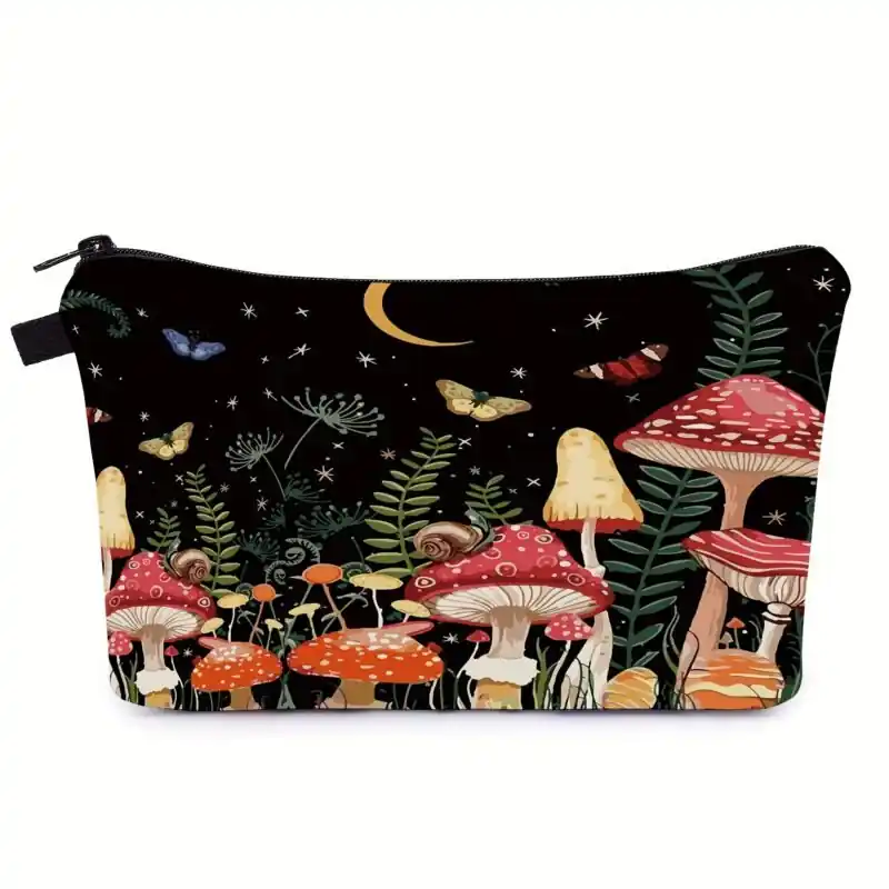 Waterproof Mushroom Print Makeup Bag Small Moon Cosmetic Organizer Clutch