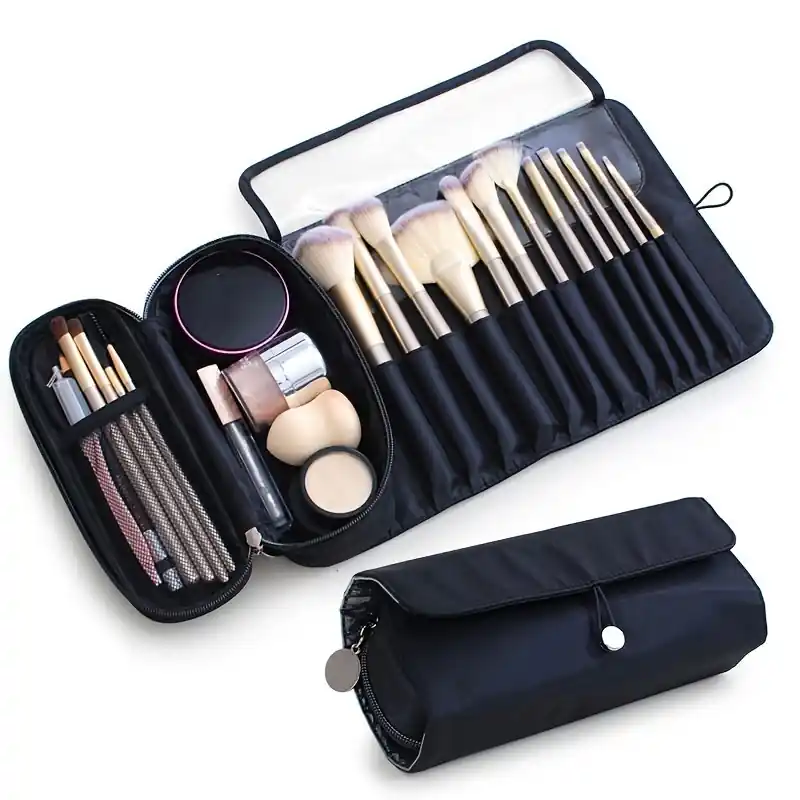 Black Portable Makeup Brush Bag Stylish Travel Cosmetic Organizer