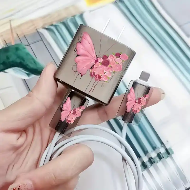 3pcs Butterfly Pattern Apple 18w20w Charger And Cable Protective Case Set