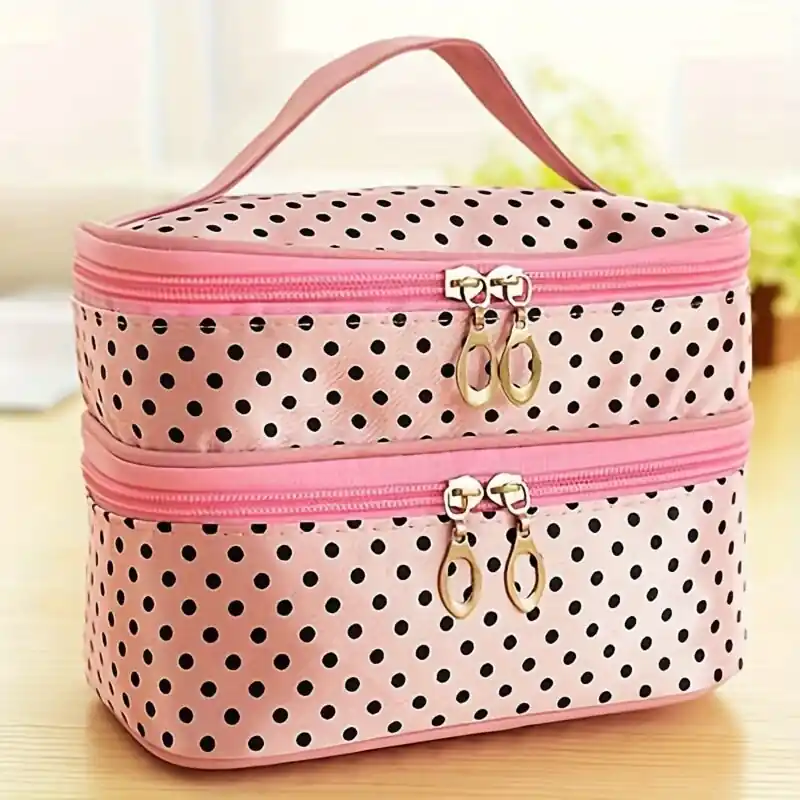 Polka Dot Double Layer Makeup Travel Case Womens Toiletry Bag With Handle
